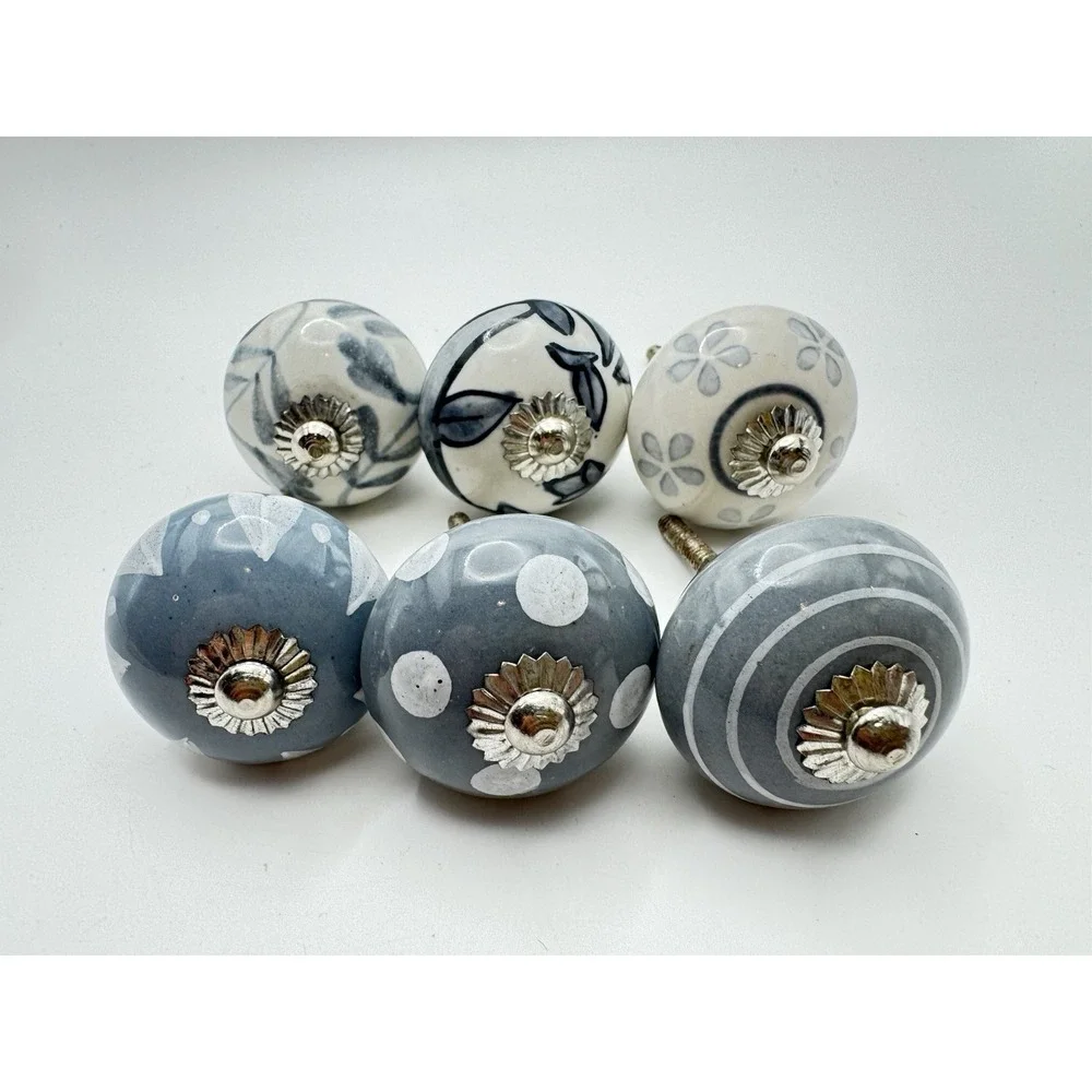 Blue Gray Ceramic Cabinet Knobs Set 6 Floral Drawer Pulls Cottage Farmhouse‎